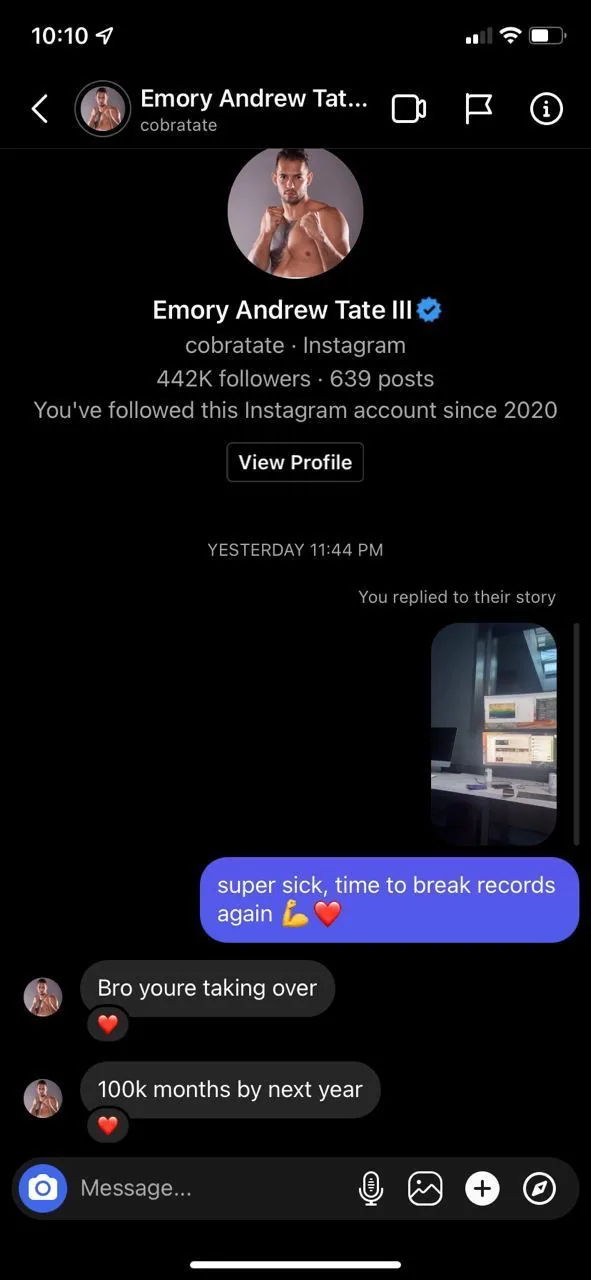 Instagram conversation with the verified cobratate account