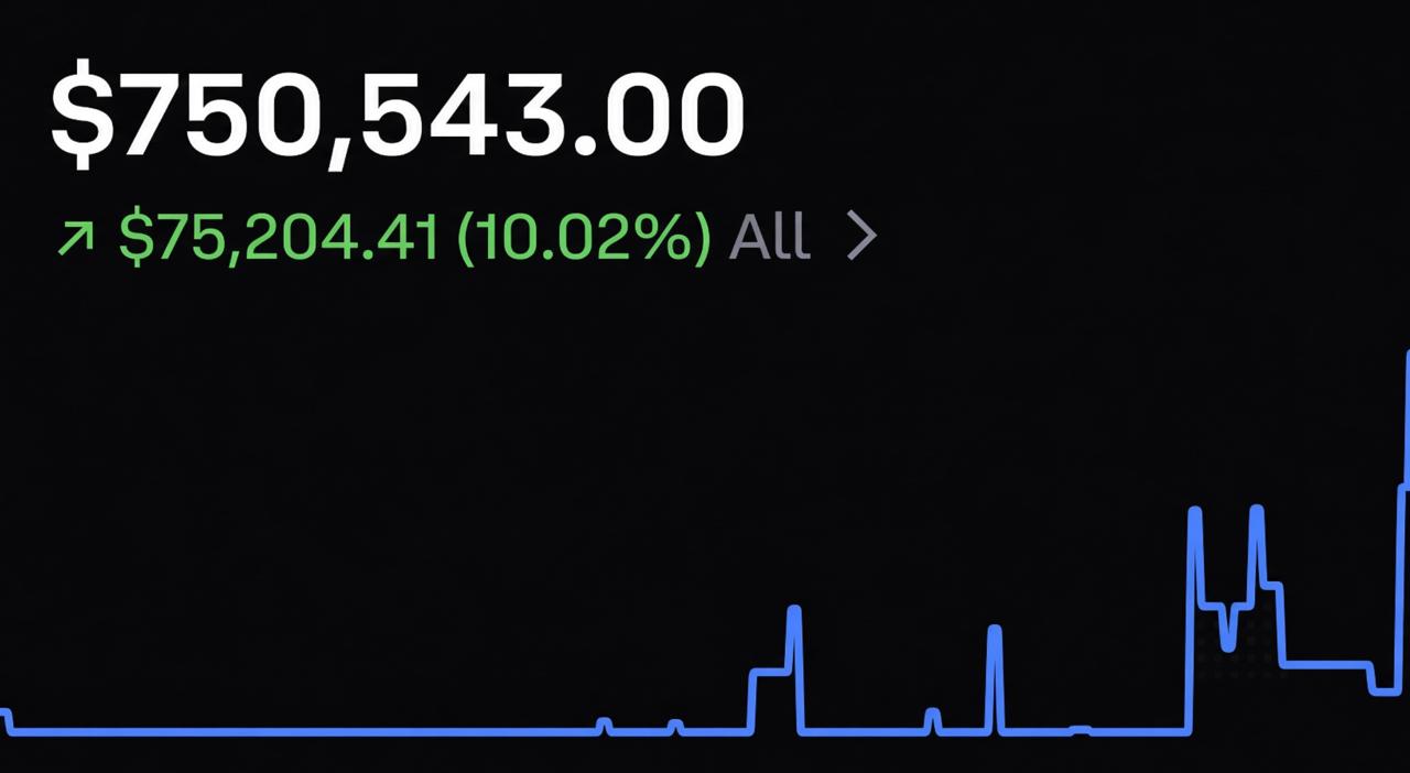 Crypto wallet balance of $750,543.00, up $75,204.41 all-time