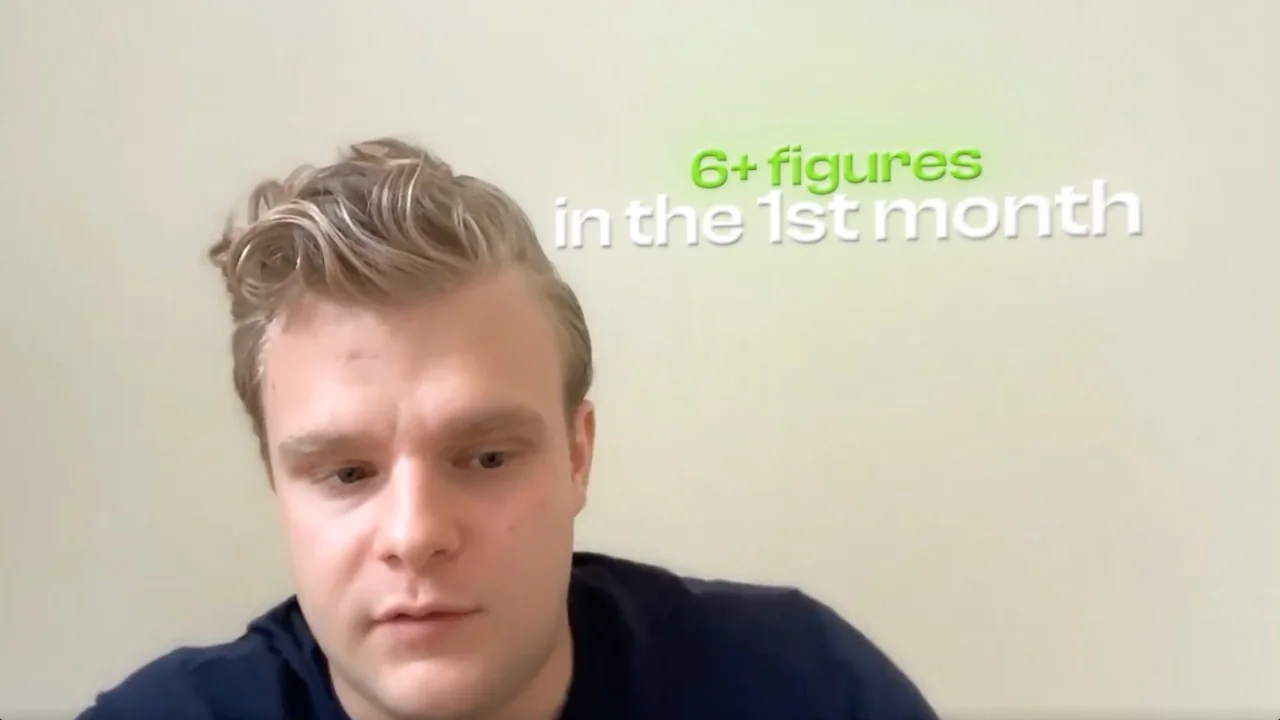 Client testimonial thumbnail: 6+ figures in the first month